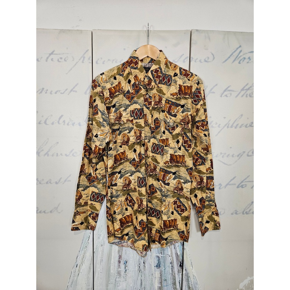 Panhandle Slim Button Up Shirt Medium Tan Western Wagon Print Cowboy Americana
